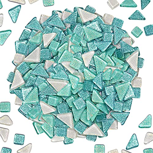 200g Tesselles en Verre Colorées Irrégulière Carreaux de Mosaïque, Morceaux de Mosaïque en Verre pour Loisirs Créatifs, Décoration(Bleu ciel) Cover