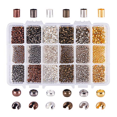 PH PandaHall About 380pcs 6 Color 3 Styles 3mm Iron Brass Crimp Beads Clamp End Crimp Cover Tube Beads for Jewelry Bracelet Making