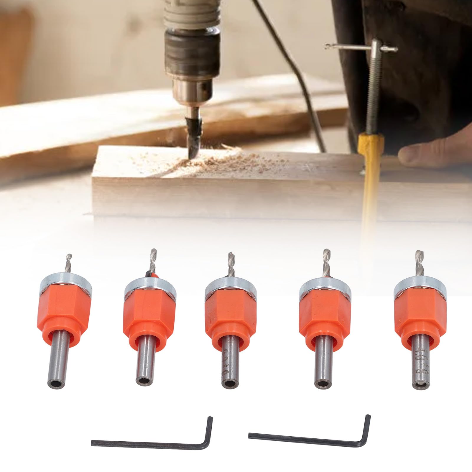 5 Pack Woodworking Countersink Counterbore Drill Bit Set 3in1 For #6 8 10 12 16 Screws,6542 Pilot Drill Bits Adjustable Depth, 82-Degree Chamfer With Stop, 6mm Hex Shank, Includes 2 Allen Wrenches - View #4