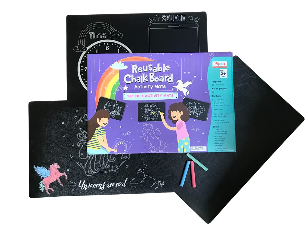 CocoMoco Unicorn Theme Wipe and Clean Chalk Board Activity Mats for Kids, Unicorn Gifts for Girls and Boys - Set of 3 Writing Drawing Placemats with Unicorns, Age 3-7 Years