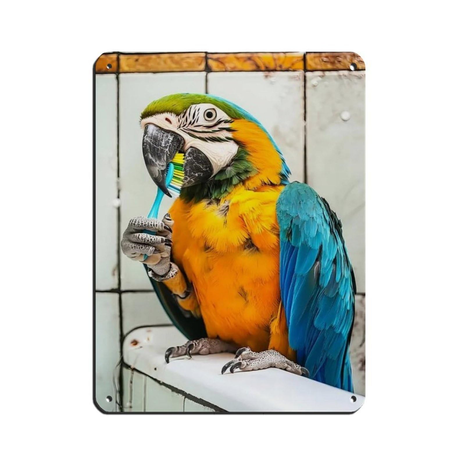 Parrot Brushing Teeth, Funny Bathroom Art Tin Sign Vintage Metal Pub Club Cafe Bar Home Wall Art Decoration Poster Retro 12x16inch(30x40cm)