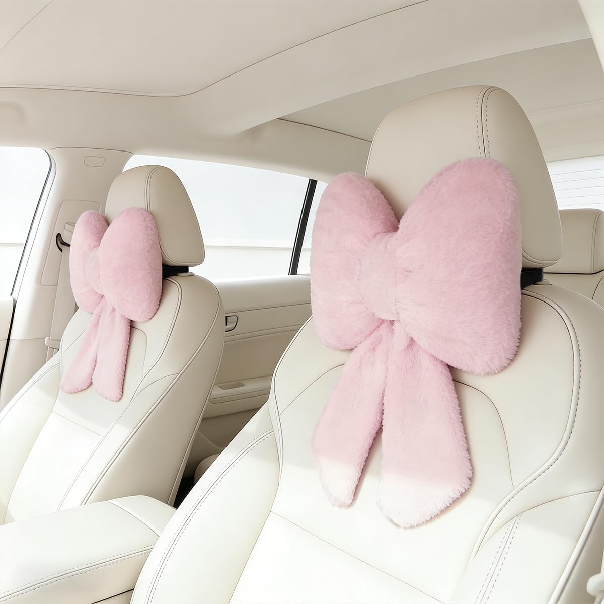 2 Stück Plüschschleife Auto Kopfstütze Nackenkissen Niedliche Schleife Kissen für Autositz Dekor Weiche Nackenstütze für bequemes Fahren Reisen Büro Flauschige Kopfstütze Kissen Rosa