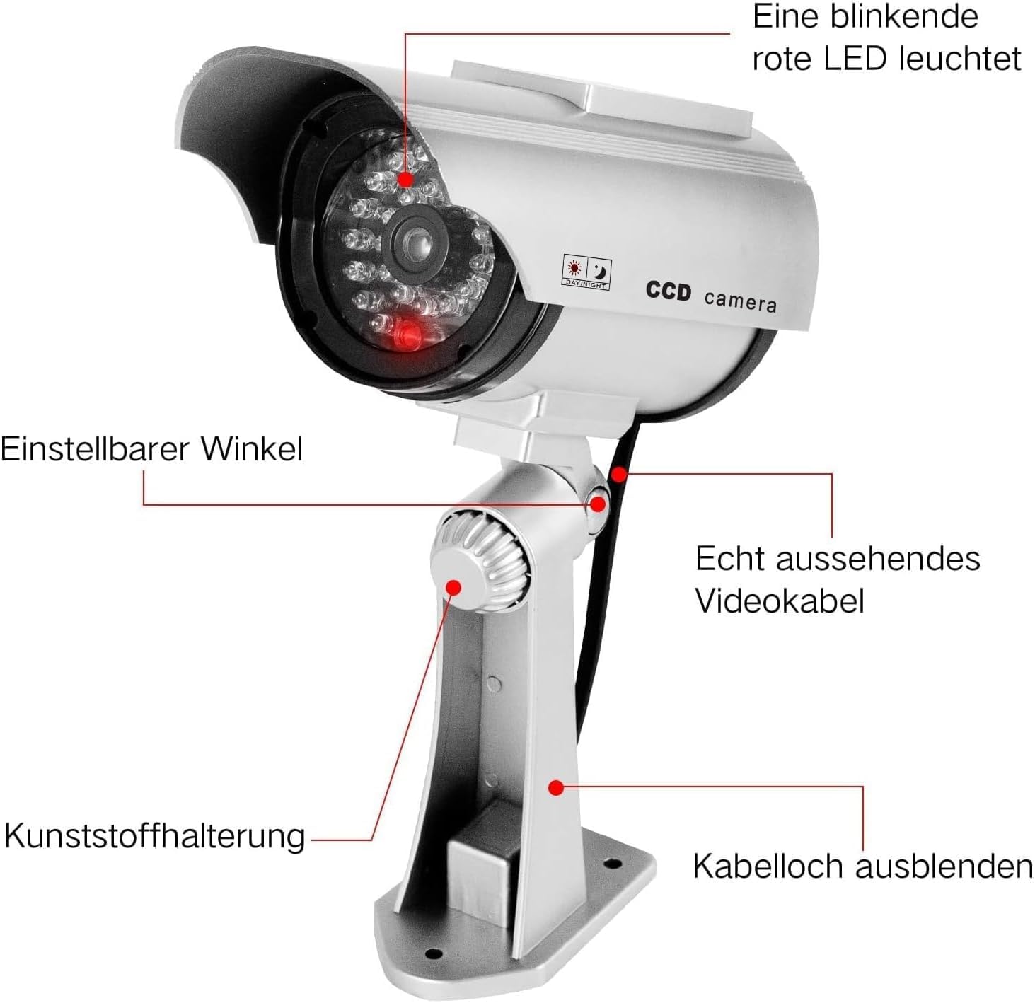 ERWEY 4 Pezzi Telecamera Finta di Sicurezza Solare, Telecamera di Sorveglianza CCTV Simulata per Uso Interno o Esterno con Luce LED Lampeggiante (Argento)