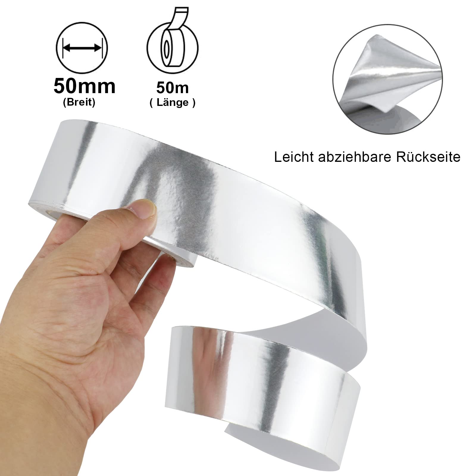 BOMEI PACK Cinta de aluminio 50mmx50m cinta de alta temperatura cinta reparación de aluminio para conductos, aire acondicionado - 2 Rollo Cinta Adhesiva de Aluminio,