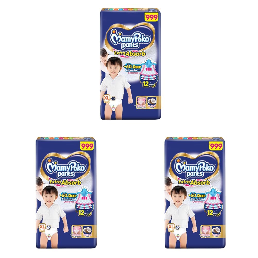 MamyPoko Pants Extra Absorb Baby Diapers, Extra Large (XL Size) | 12-17 kg | 40 Count |Deep Sleep Diapers| Soft Gentle fit |Deep Absorbent Crisscross | Skin Friendly with Coconut Oil | (Pack of 3)-image-26