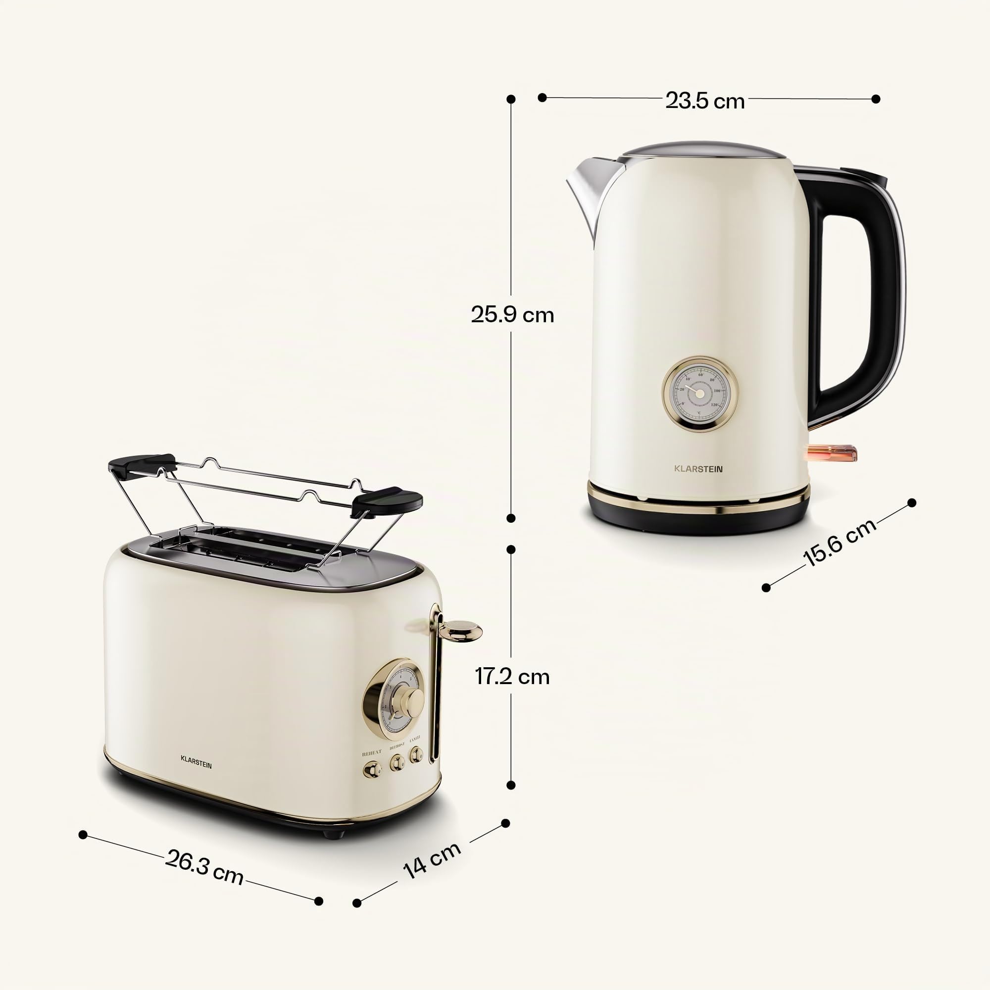 Klarstein Victoria Juego de Desayuno Esencial - Tostadora 2 Ranuras con 7 Niveles, Bandeja Recogemigas, Soporte Panecillos, 1.7L Hervidor Agua Eléctrico con Filtro Antical, Apagado Automático, Cream