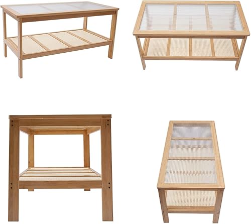Miniatura 8 de Gdrasuya10 Mesa de centro moderna de bambú para sala de estar, mesa auxiliar rectangular de 2 niveles, mesa central de vidrio, estante de