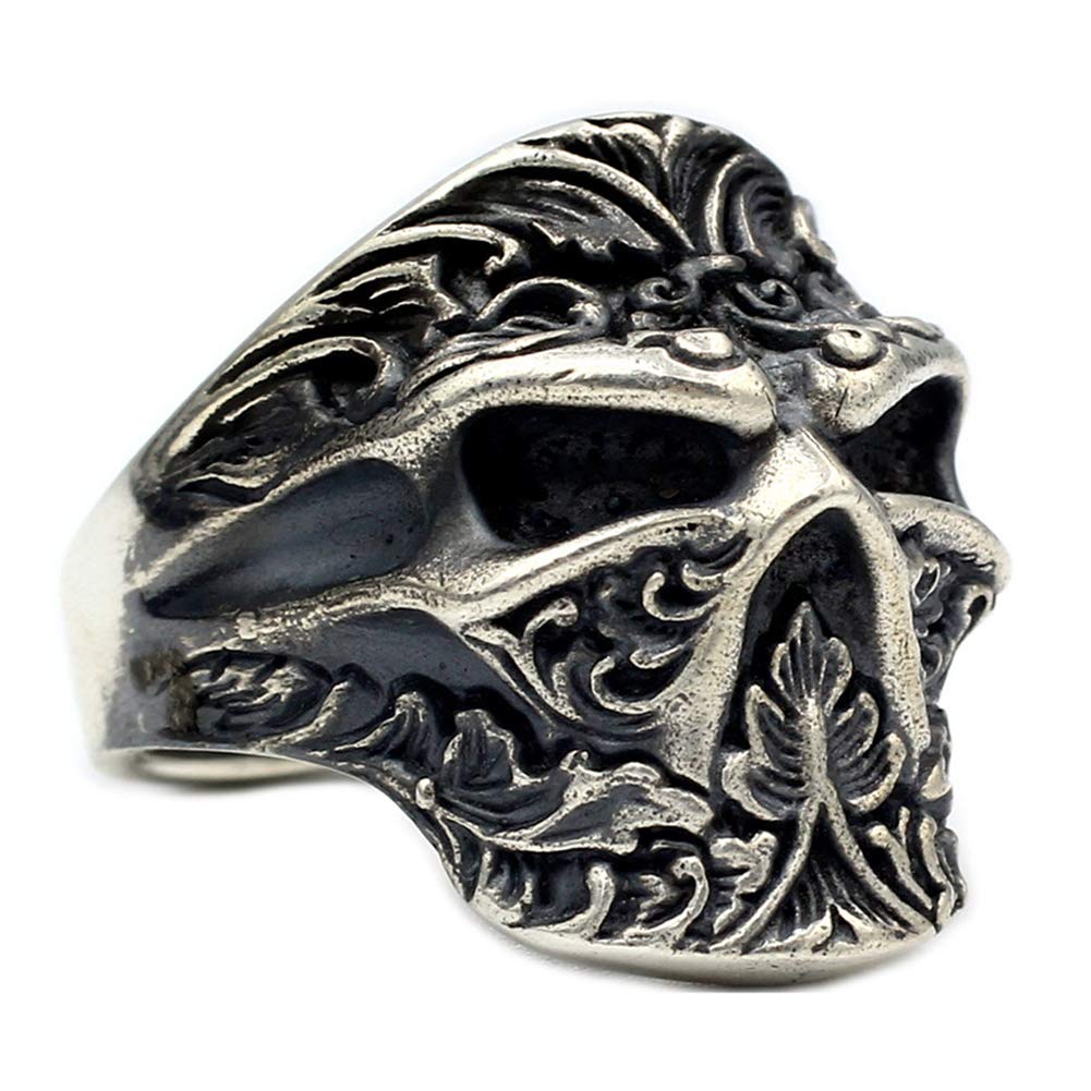 YABEME 925 Sterling Silber Schädelring, Vintage Geschnitzten Rock Punk Gothic Schmuck, Frauen Männer Coole Geburtstagsfeier Biker Geschenk (Größen 8-11)