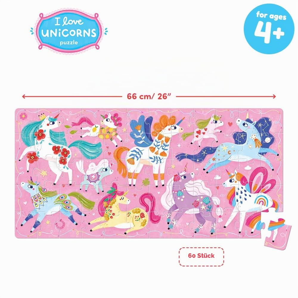 I Love Unicorns Puzzle 4+, 60 Teile Lernpuzzle für Kinder 4+, Bodenpuzzle Einhörner