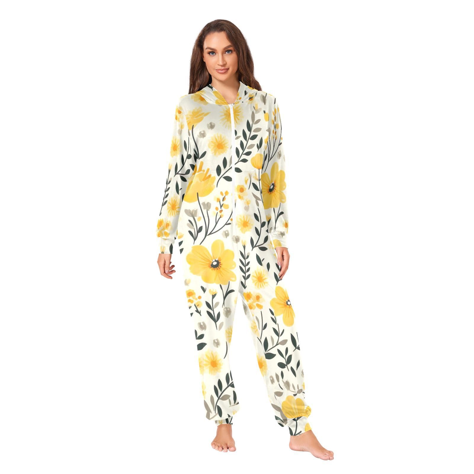 Pigiama intero giallo floreale carino per donne, adulto donna pigiama natalizio tuta intera