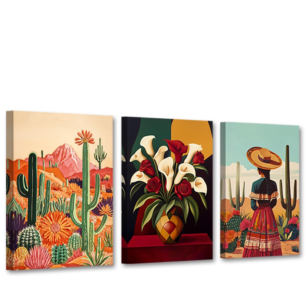 CCWACPP Mexican Canvas Wall Art Desert Wall Decor 3 Panels Cactus Pictures Print Mexican Woman Painting Southwestern Artwork Living Room Decor Framed (30x40cmx3)
