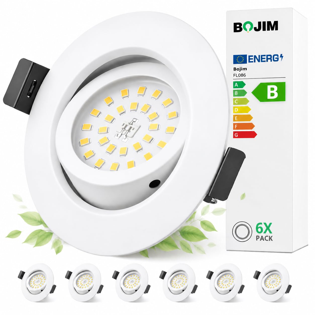 Bojim Downlight LED Empotrable Blanco Clase Energética B IP44 230V Baño | Focos Empotrables Luz Cálida Ojos de Buey 4.7W, Corte 68mm - 80mm, Para Cocina Habitación, Pack de 6