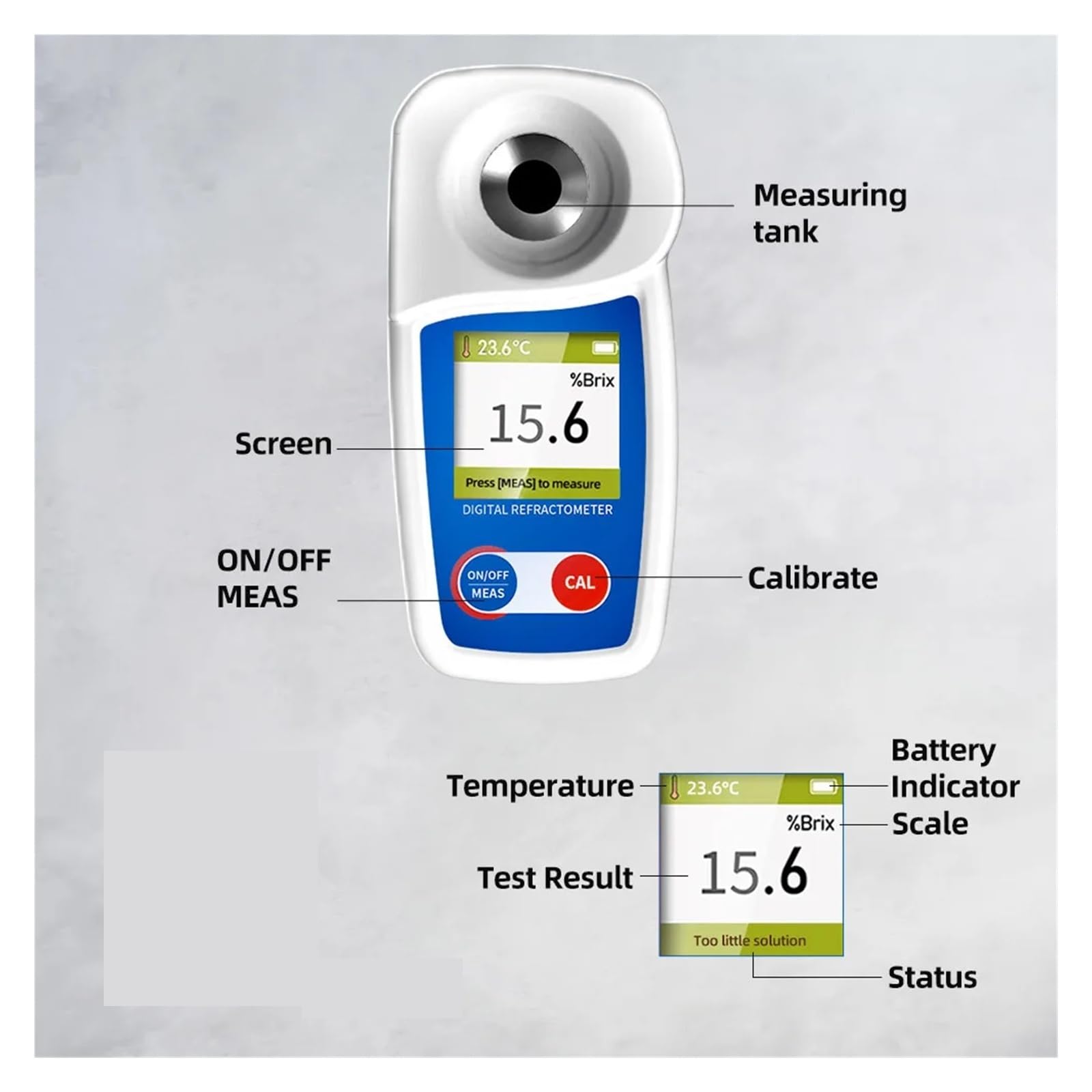 Probador Brix de rango 0-35%, refractómetro Digital Brix for prueba de contenido de azúcar for bebidas, zumo de frutas Respuesta Rápida(0-55 Brix)