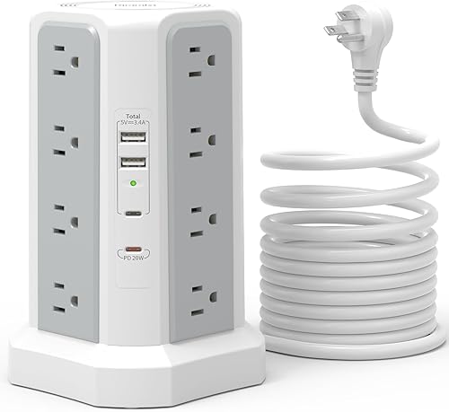Protección contra sobretensiones con tira de alimentación PD20W USB C, cable de extensión más grueso de 13A con múltiples tomas de 6 pies, tira de
