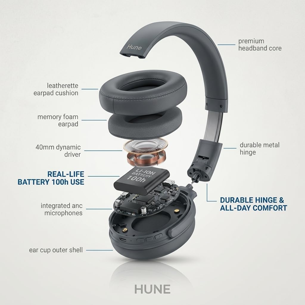HUNE Auriculares Inalámbricos Over-Ear con ANC y Modo Ambiente, 100h Autonomía, Cancelación de Ruido Activa, Cascos Bluetooth Diadema Fauna