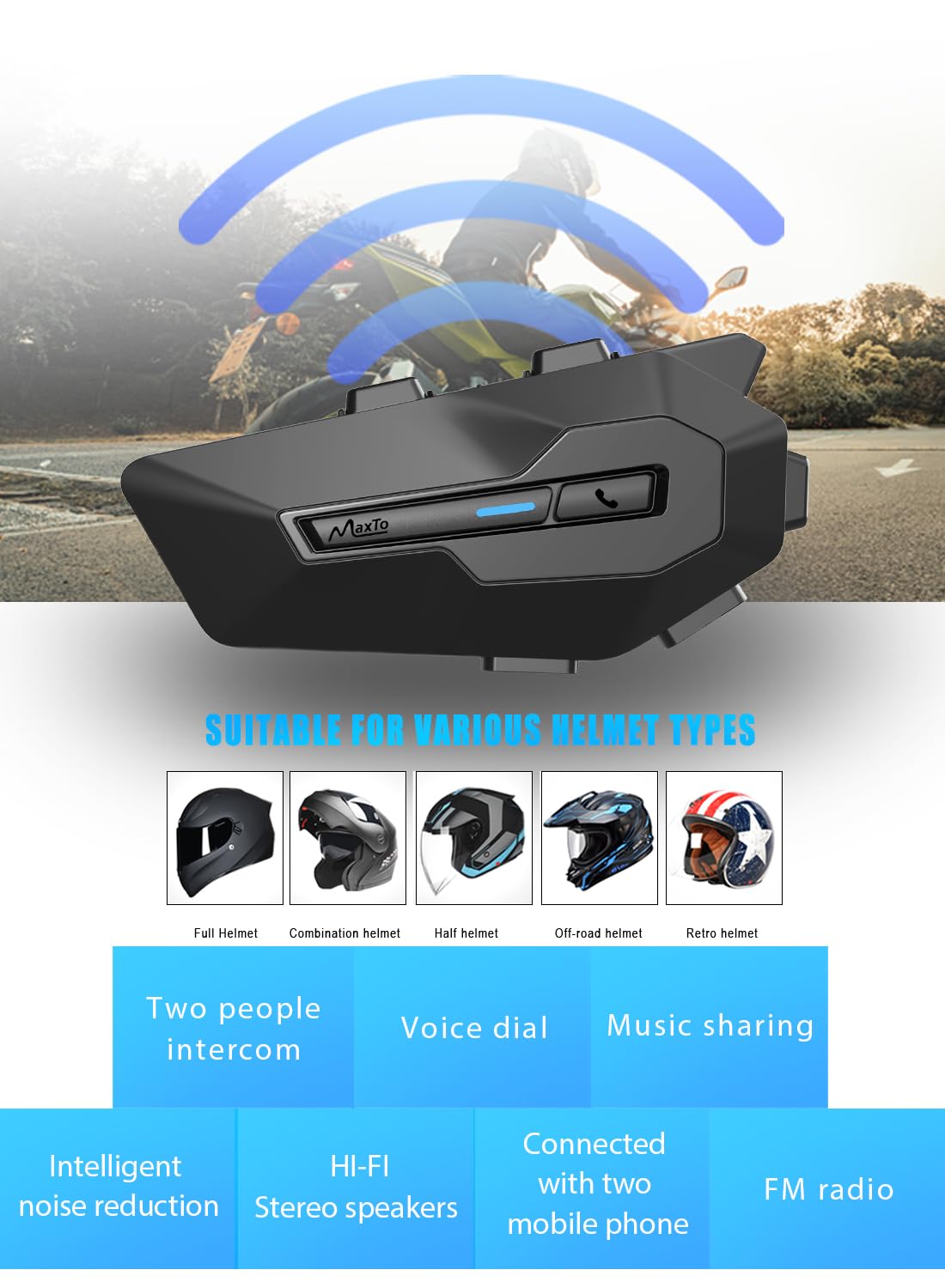 MAXTO Helmet Communication Systems with Music Sharing, X2 2-Riders 1000M Motorcycle Bluetooth Headset with FM/AI Voice - Image 2