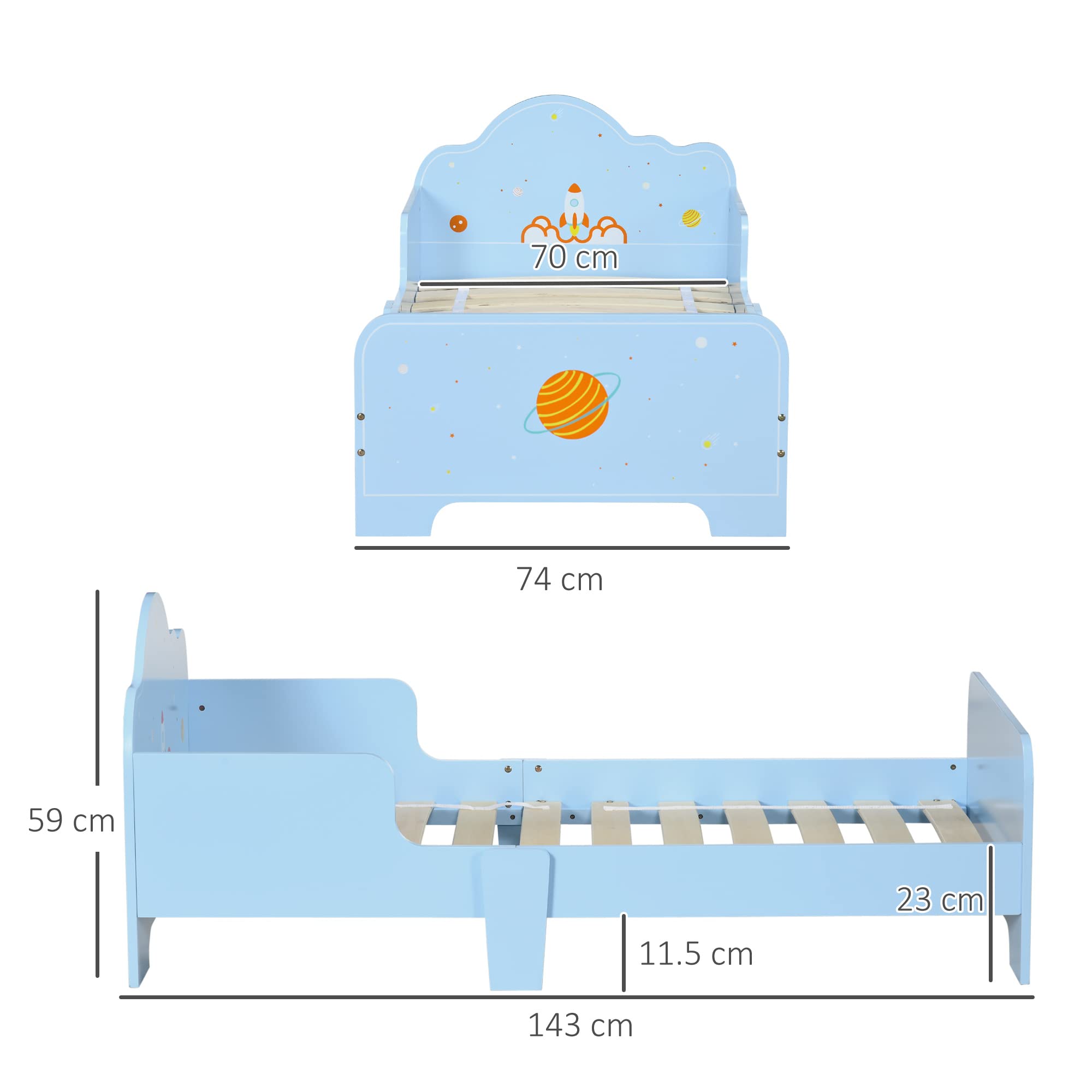 ZONEKIZ Letto per Bambini con Sponde Anti-Caduta, Lettino per Bambini Età 3-6 Anni con Fantasia Spaziale, 143x74x59cm, Azzurro