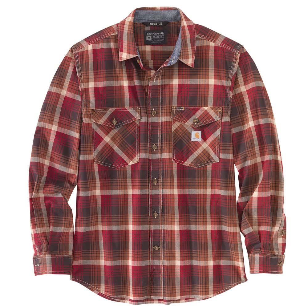 Carhartt Men's Rugged Flex Relaxed Fit Lightweight Long-Sleeve Plaid Shirt, Oxblood, S