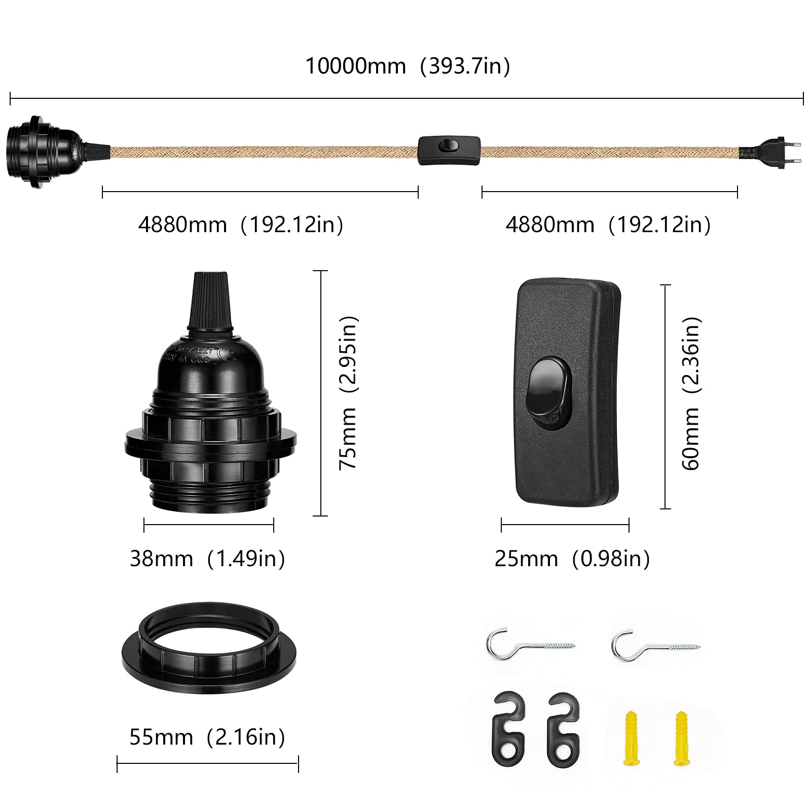 GreenSun Oprawa i lampa E27 z kablem, przełącznik, kabel tekstylny 10 m, 2-żyłowy, przewód elektryczny z zawieszeniem E27/E26
