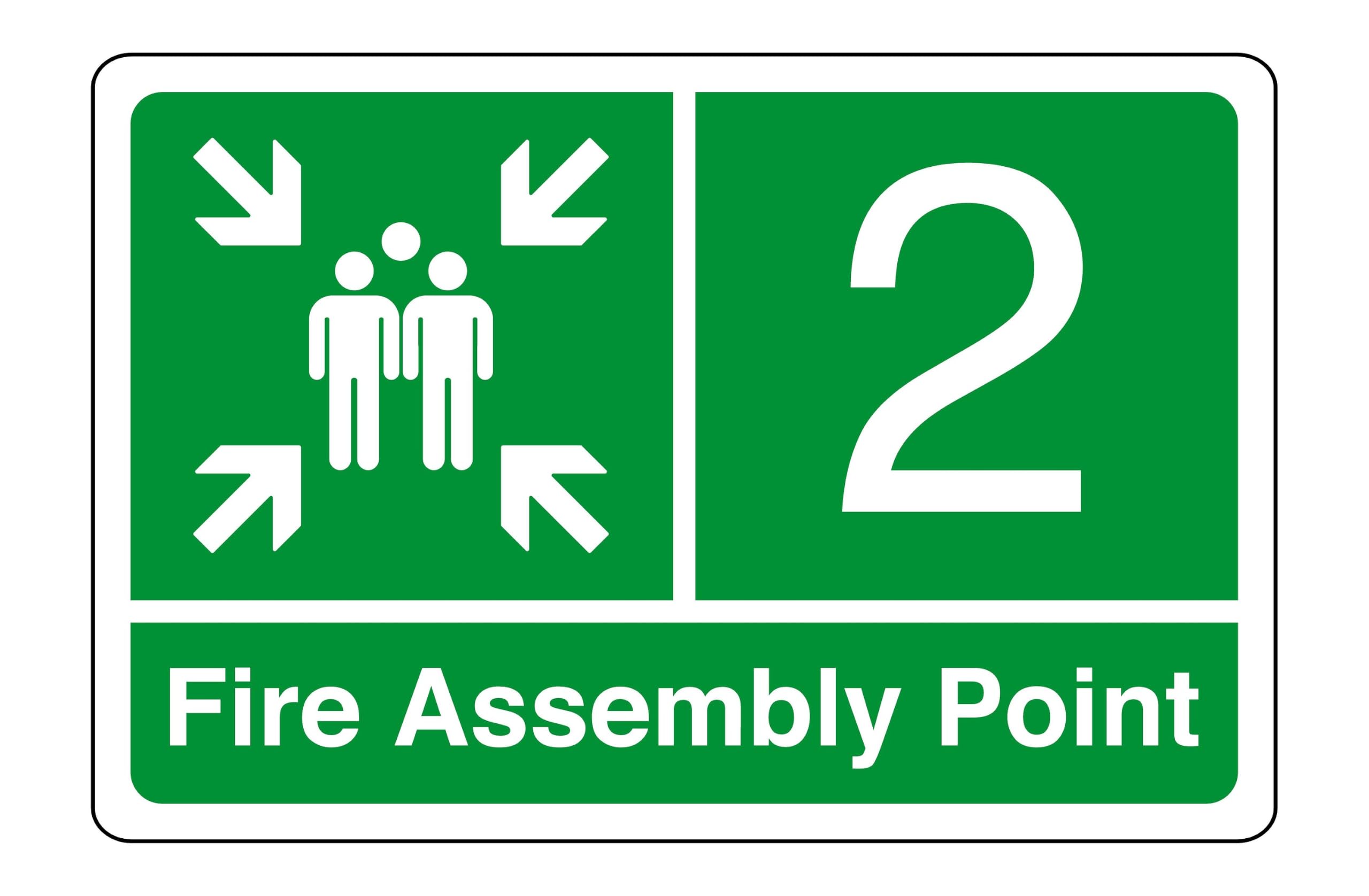 Fire assembly point "2" - safety sign - 3mm Aluminium Dibond for indoor/outdoor usage (400mm x 300mm) 14m Viewing Distance.