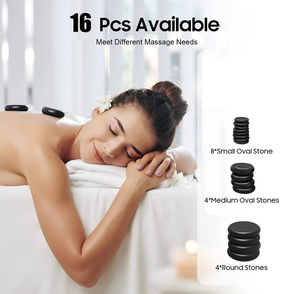 NEWFUN Hot Stone zestaw do masażu, 16 sztuk gorących kamieni do masażu z bazaltu, przenośne kamienie do masażu z ogrzewaniem, nadają się do użytku domowego, idealne do spa, terapii masażu, relaksu