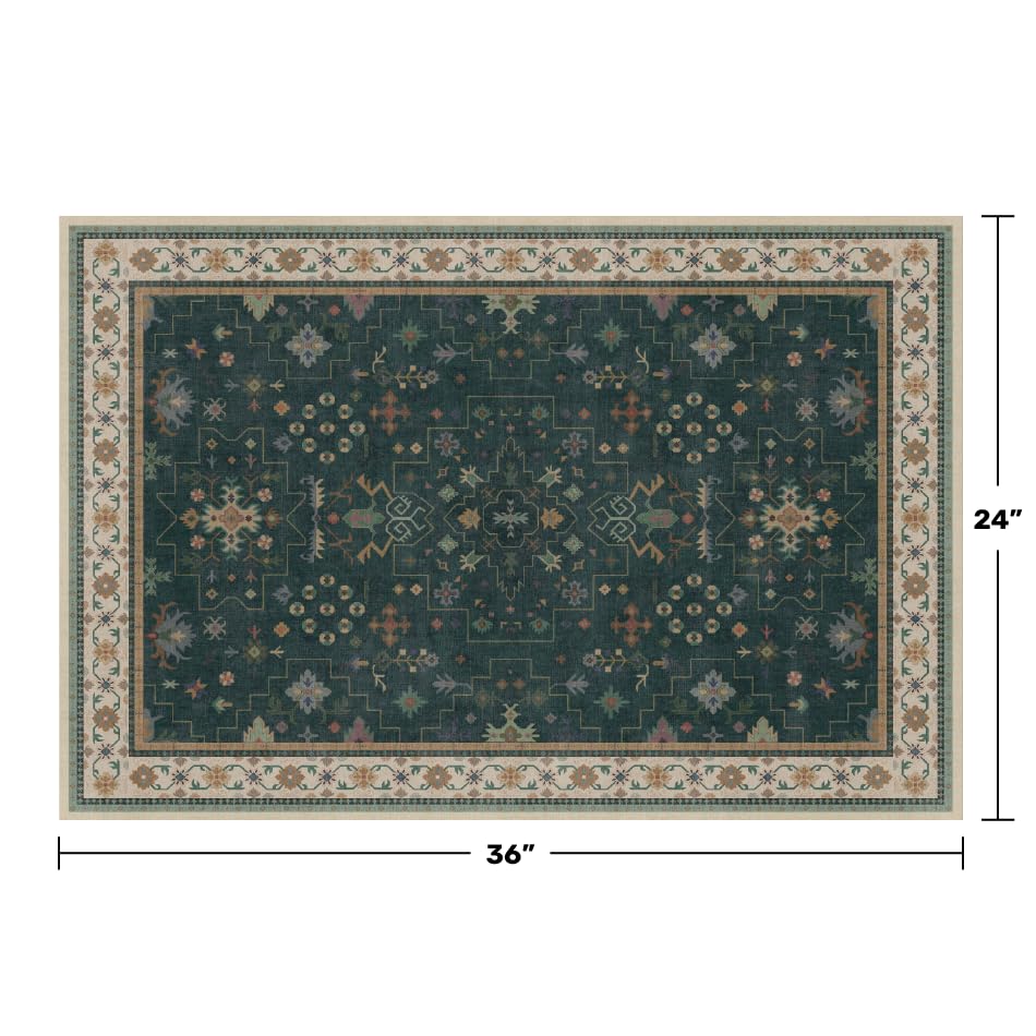 Image of Dark Green 2x3 Door Mat Indoor Entrance Rug - Small Throw Area Rugs for Entryway, Kitchen, Bathroom, Bedroom, Laundry Room - Vintage Boho Eclectic Floral, Washable Low Pile Non-Slip