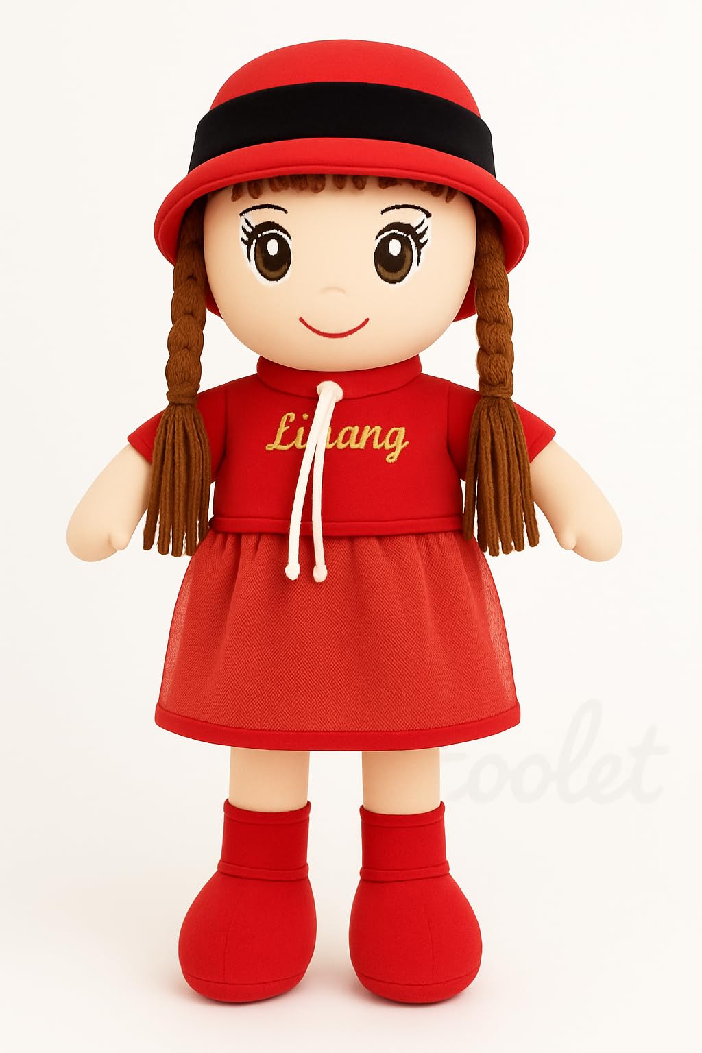 Coolet Jiuliang 46 cm Girl Soft Doll – Red Dress Plush Stuffed Toy with Cap & Braided Hair – Soft & Washable Baby Doll – Birthday Gift for Girls & Kids