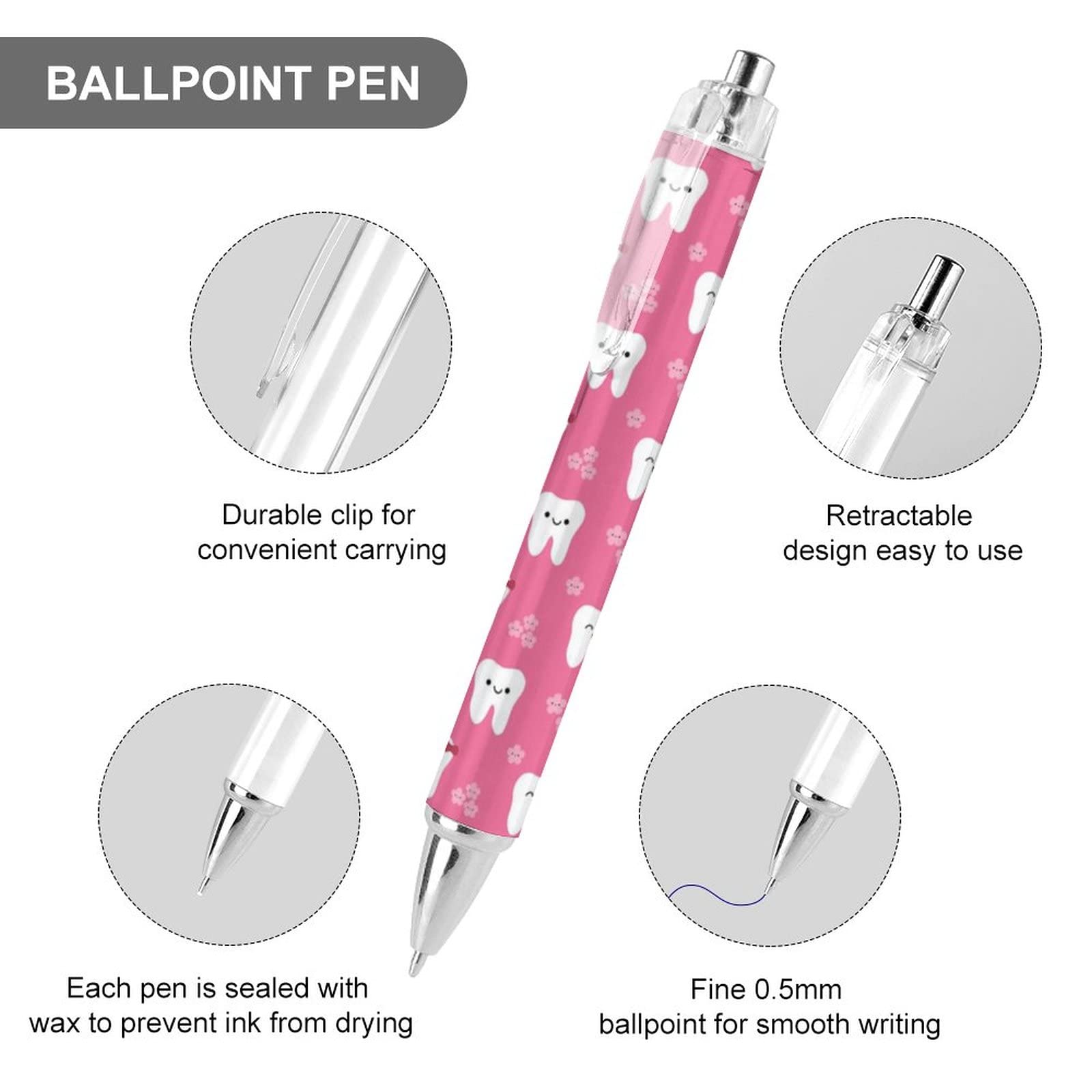 Lot De 6 Stylos à Bille Rétractables En Forme De Dent - 1,0 Mm, Encre Noire, Pour Infirmières, Dentistes, étudiants - 9