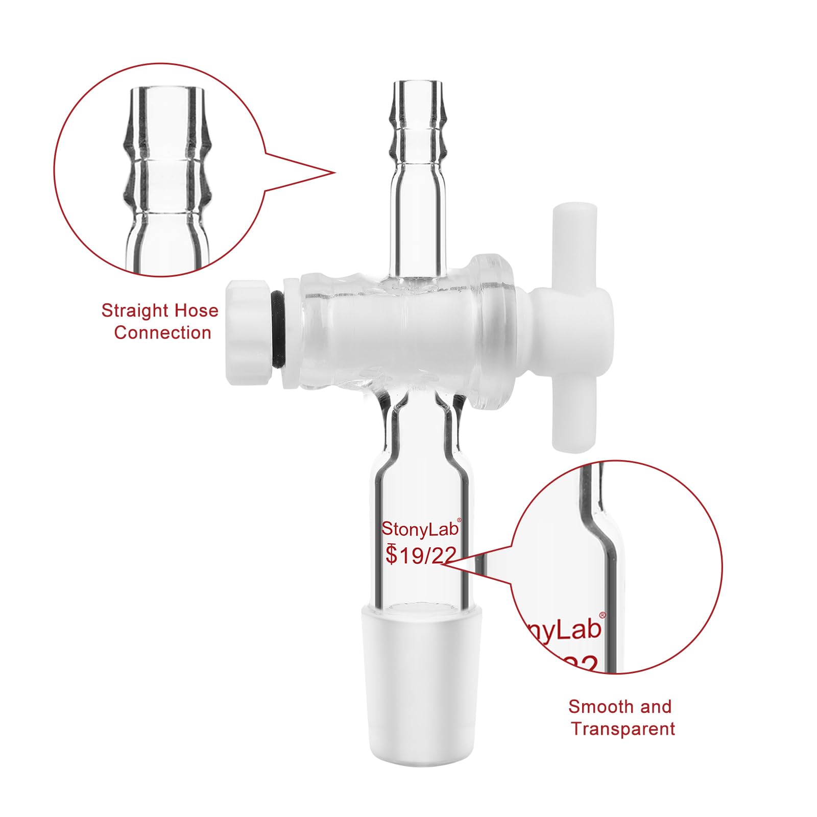 stonylab Adattatore per Vetro, Adattatore per il Controllo del Flusso del Vuoto in Vetro Borosilicato con Rubinetto in PTFE, Giunto 19/22 e Collegamento del Tubo Dritto Vetreria da Laboratorio
