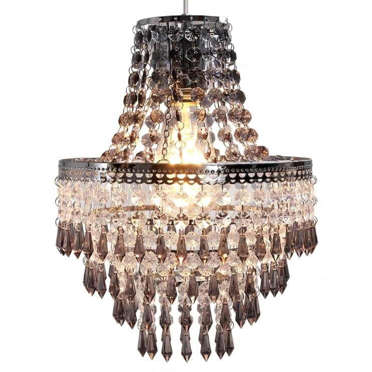 Premium 5 Tier Small Teardrop Acrylic Crystal Beaded Chandelier Lamp Shade, Pendant Light Shade with Metal Frame, Home Terri Polished Ceiling Light Cover - No Light Cord Kit and Blub (Smoked Grey)