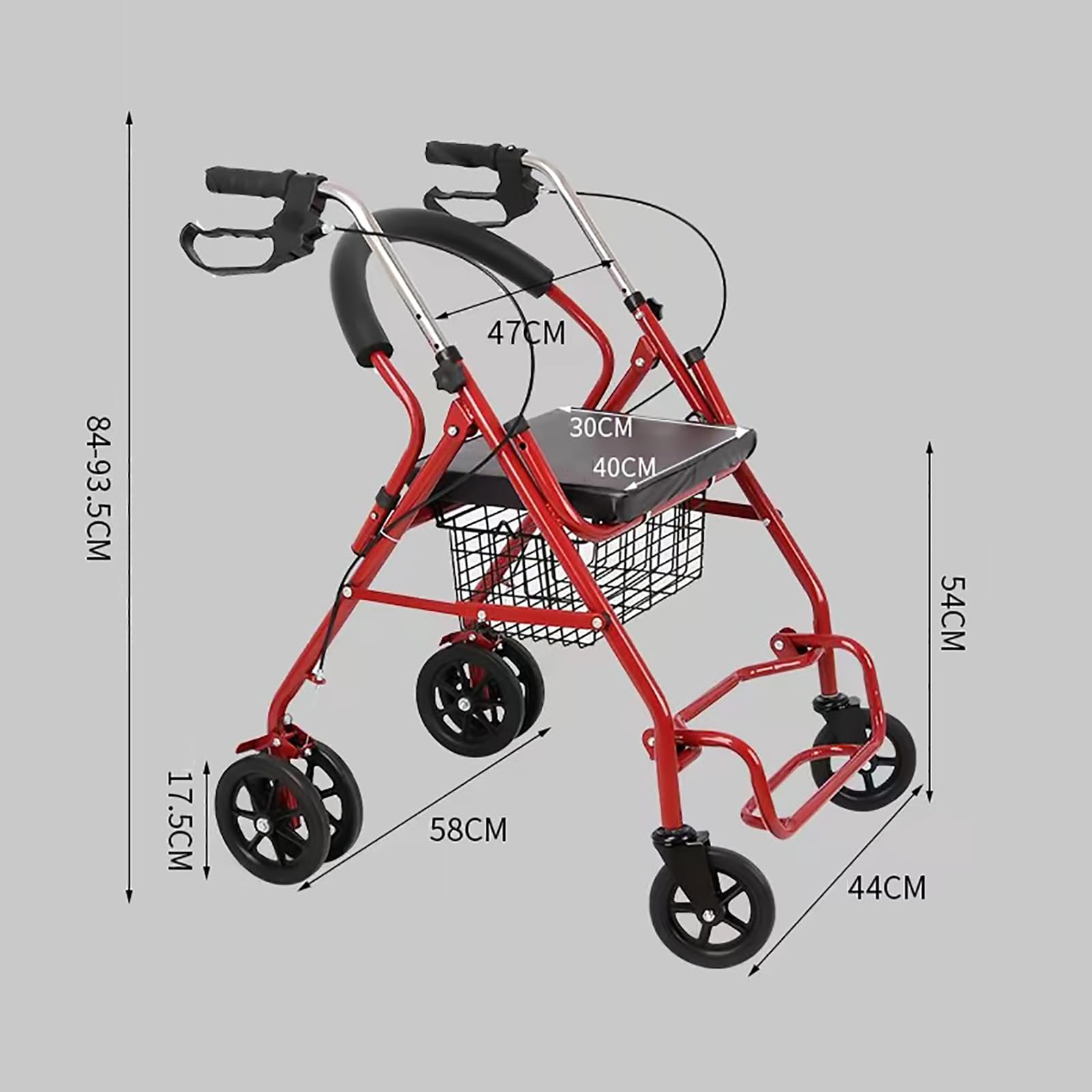 HAILM Rollator Walkers con Asiento Acolchado Extra Ancho y 4 Ruedas para Personas Mayores y Discapacidad, Easy Folding Mobility Aid Walker, Bolsa Almacenamiento, Ligero, Rojo