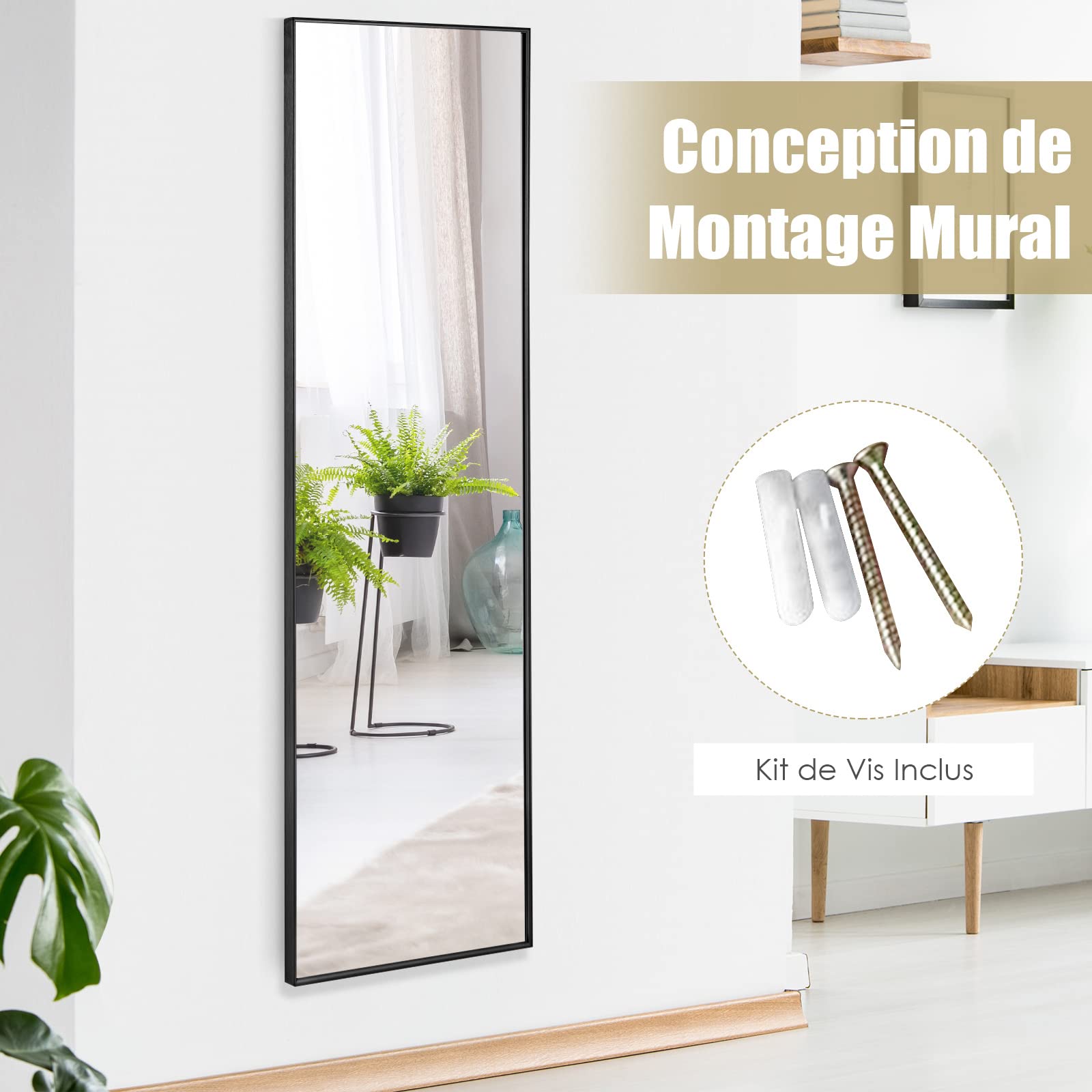 COSTWAY Miroir 120 x 37 cm Au-Dessus de la Porte, Miroir Pleine Longueur Cadre en Alliage d'Aluminium et Verre Incassable, Crochets pour Vestiaire Chambre Salon (Noir)