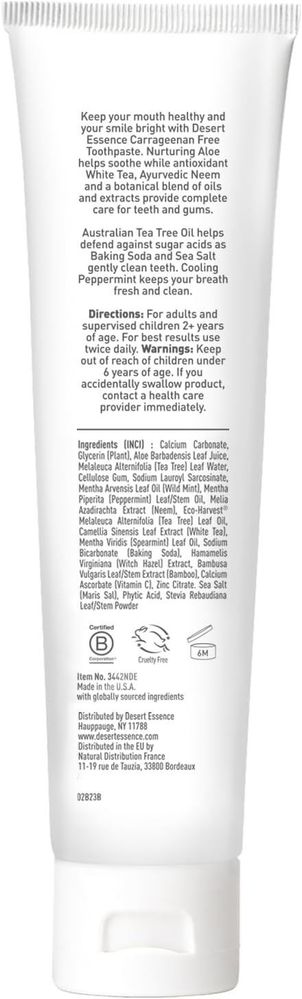 Desert Essence Aloe & Tea Tree Oil Toothpaste, Flouride Free, SLS Free, Carrageenan Free, Vegan, Gluten Free, Peppermint, 6.25 oz.