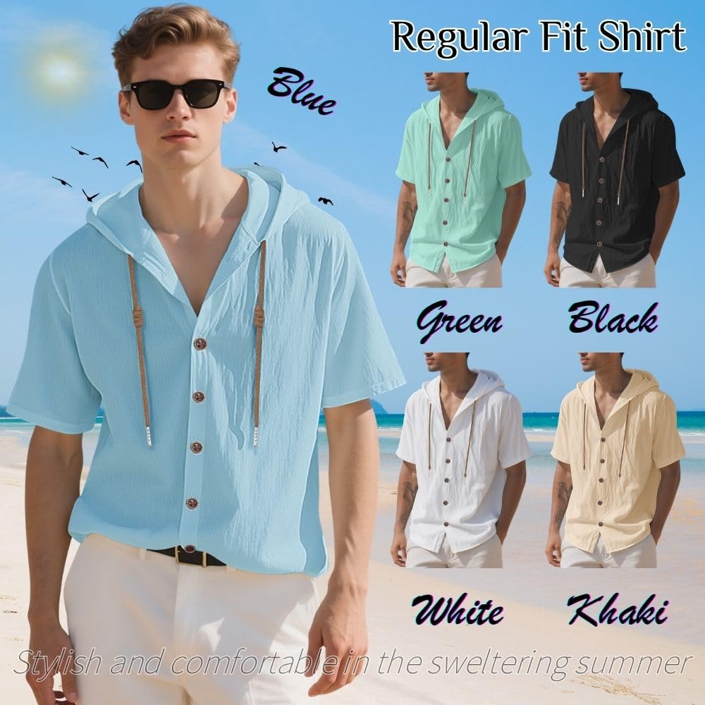 Camicia da uomo, in cotone e lino, con cappuccio, a maniche corte, da spiaggia, estiva, elegante