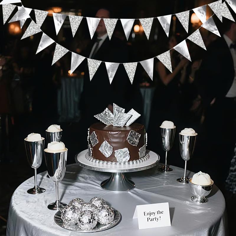 Image of Silver Hanging Triangle Flag Pennant Garland Silver Hanging Paper Pennant Streamer Paper Triangle Flag Bunting Banner for Graduation Wedding Engagement Birthday Party Decorations 30 Feet