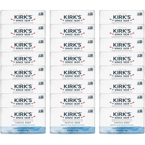 Kirk's Castile Bar Soap for Men, Women, & Children - Made with Premium Coconut Oil, Sensitive Skin Formula, Vegan, Non GMO, Original Fresh Scent, 4 oz. Bars, 24 Pack