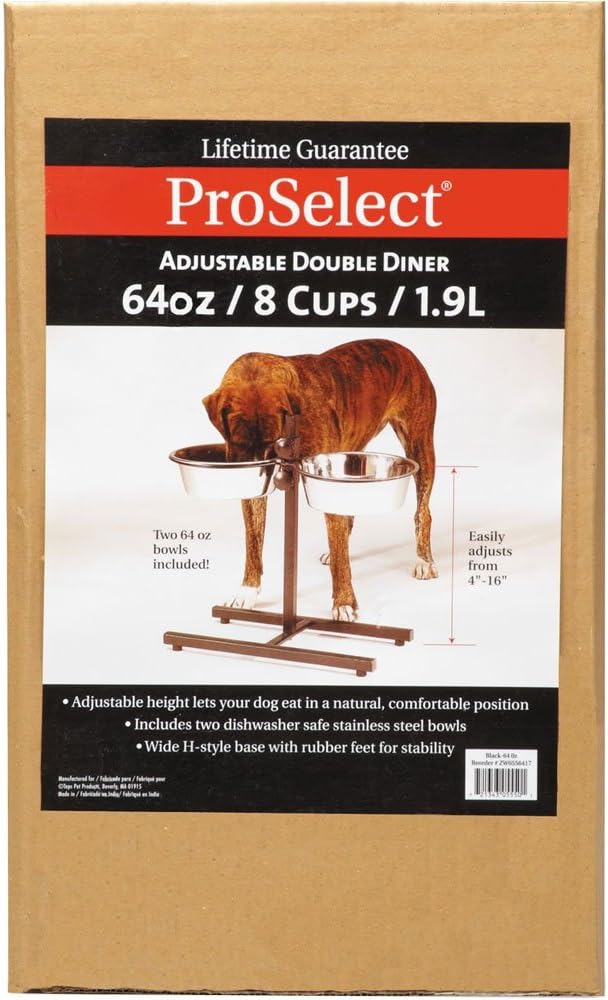 Proselect Stainless Steel Adjustable Dog Diner Bowl with Two Pet Food Bowls