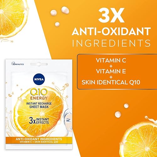 Miniatura 3 de NIVEA Q10 + C Power - Máscara antiarrugas + hoja energética (1 pieza), máscara hidratante antienvejecimiento con vitamina C, máscara facial con