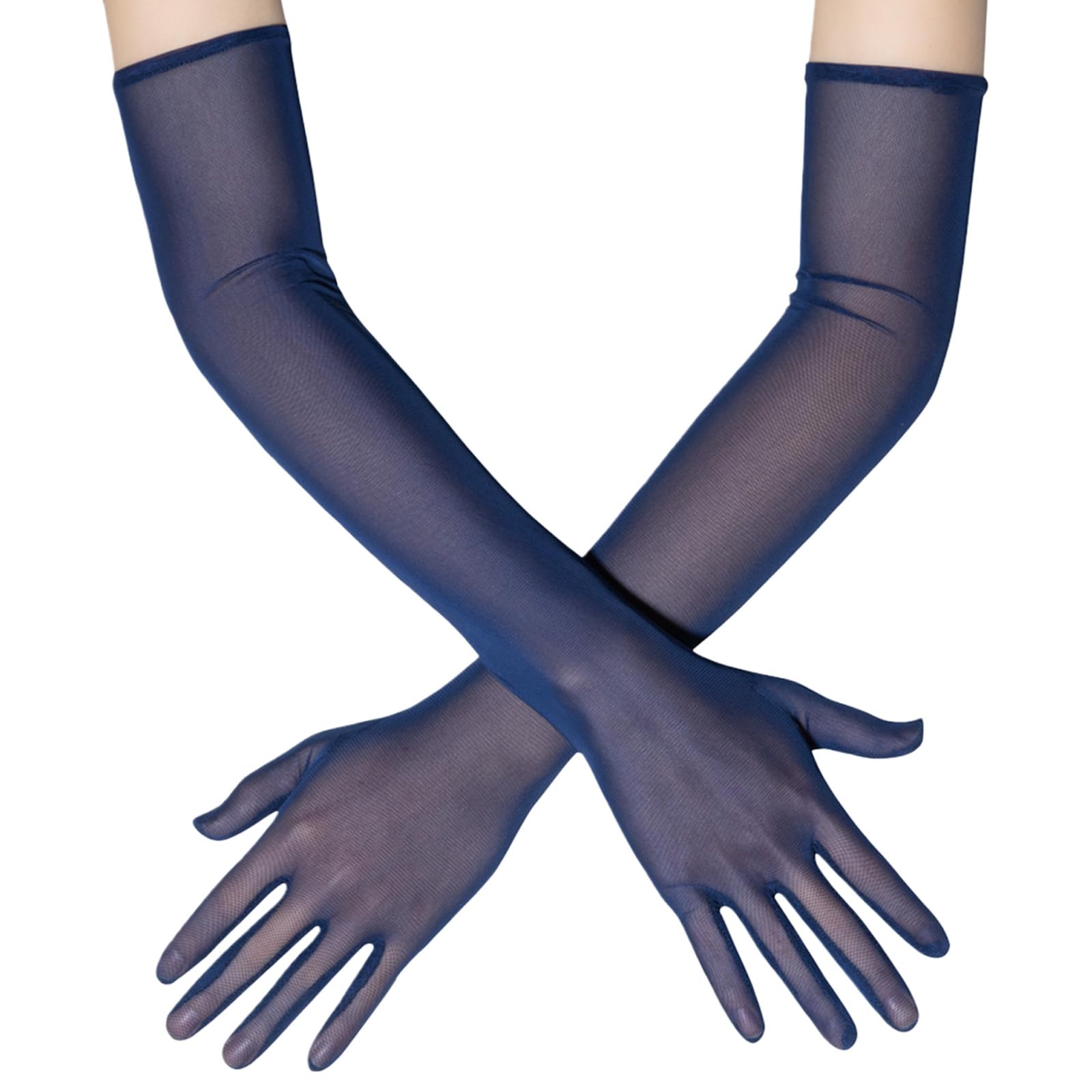 Gissroys Unisex Navy Blue Stylish Gloves With Extended Arm Transparent Tulle Comfortable Stretchy Arm Warmers For Women Formal Occasions And Casual Outfit Evening Gloves, One Size