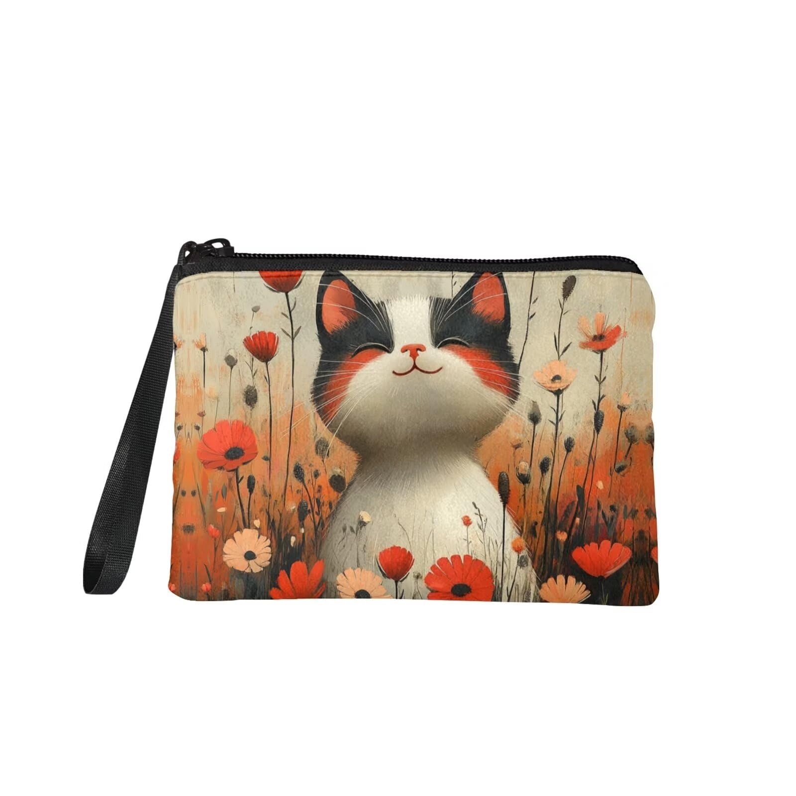 Dolyues Cat Flower Change Purses for Women Zipper Coin Purse Floral Coin Pouch With Wristlet Cute Wallets for Shopping Travel and Work