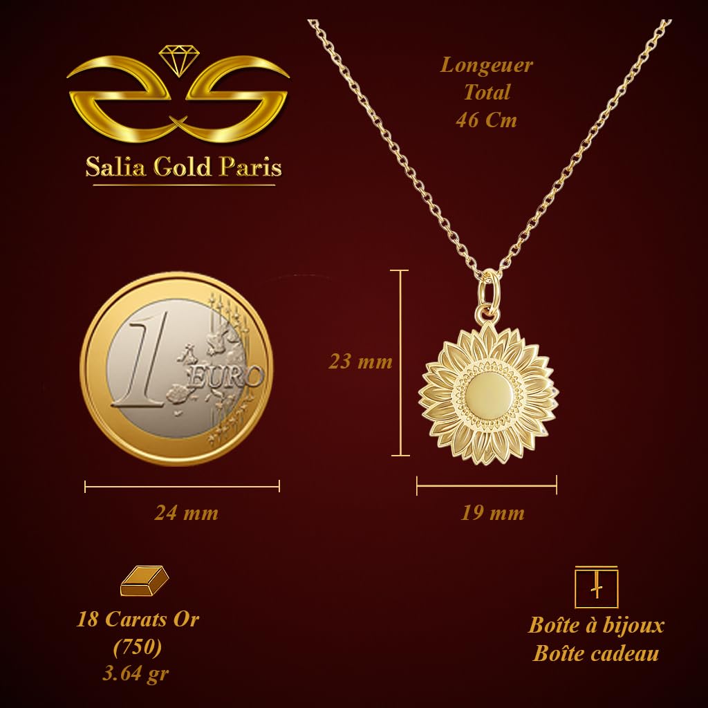 Collar de oro amarillo de 18 quilates, diseño de flor de girasol, 3,64 g, cadena de cable 45,5 cm
