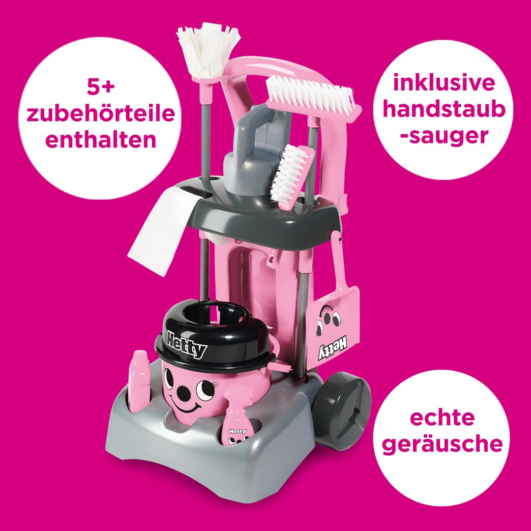 Casdon Henry & Hetty Spielzeug – Hetty Deluxe Putzwagen – Rosa Spielset im Hetty Design mit funktionierendem Handstaubsauger und Zubehör – Kinder-Reinigungswagen-Set – Für Kinder ab 3 Jahren