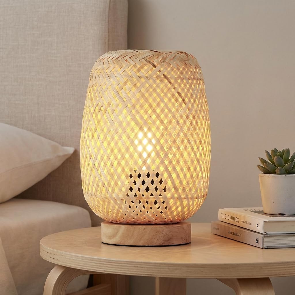 BARCELONE LED - Tischlampe aus Weide und Holz „Ruka" - Handgemachtes Design mit Gitterschirm - Rustikaler Stil - Boho Natur E27 - Tischlampe ideal für Wohnzimmer oder Schlafzimmer
