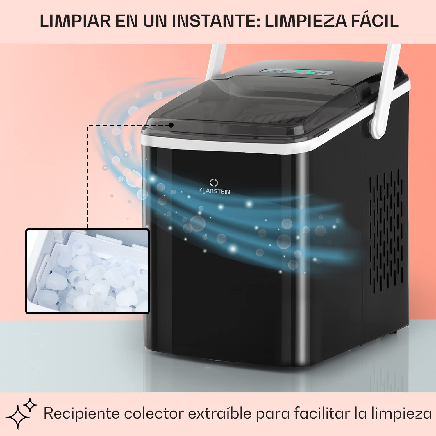 Klarstein Arctic Porter, Ice Maker Encimera 12 kg, Maquina para Hacer Cubitos de Hielo Grandes y Pequeños para Casa con Panel Táctil y Sistema Auto Limpieza, Función Rápida