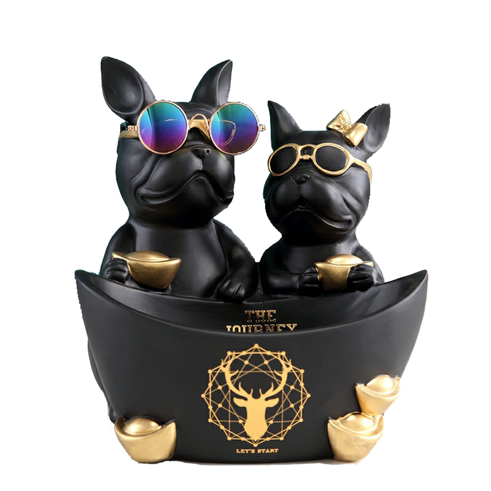 Vinbcorw Figura de Bulldog francés con Bandeja de Acero Inoxidable, decoración de la Escultura de la Mesa, Piezas pequeñas de la Estatua del Cuenco