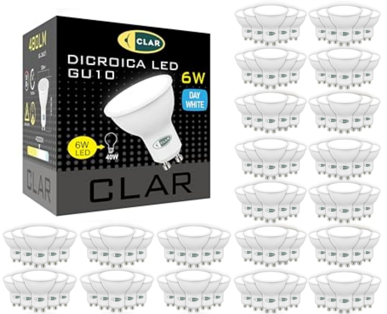 CLAR- LED GU10 LED Neutrales Weiß, 6W GU10 LED, Leuchtmittel GU10, GU 10 LED, LED Lampe GU10, LED Leuchtmittel GU10 Neutrales Weiß 4000ºk (Pack 100)