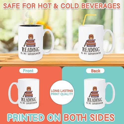 Miniatura 3 de Book Lover - Taza de café de 15 onzas, color blanco, lectura es mi superpotencia, lector de búho de lectura, apilamiento de libros, amante de los