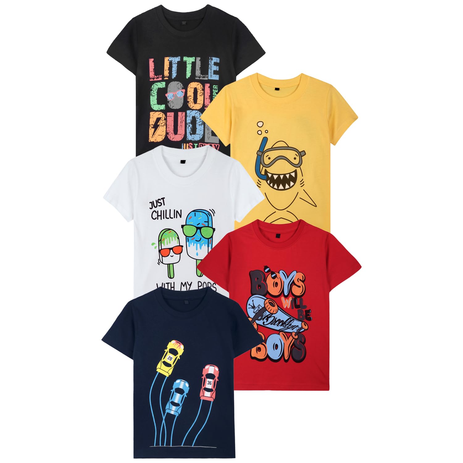 Boys Cotton T-Shirts Pack of 5 |Soft Cotton Breathable Fabric | Half Sleeve Round Neck | Multicolor Casual Wear Combo | Kids Clothing for 2–16 Years