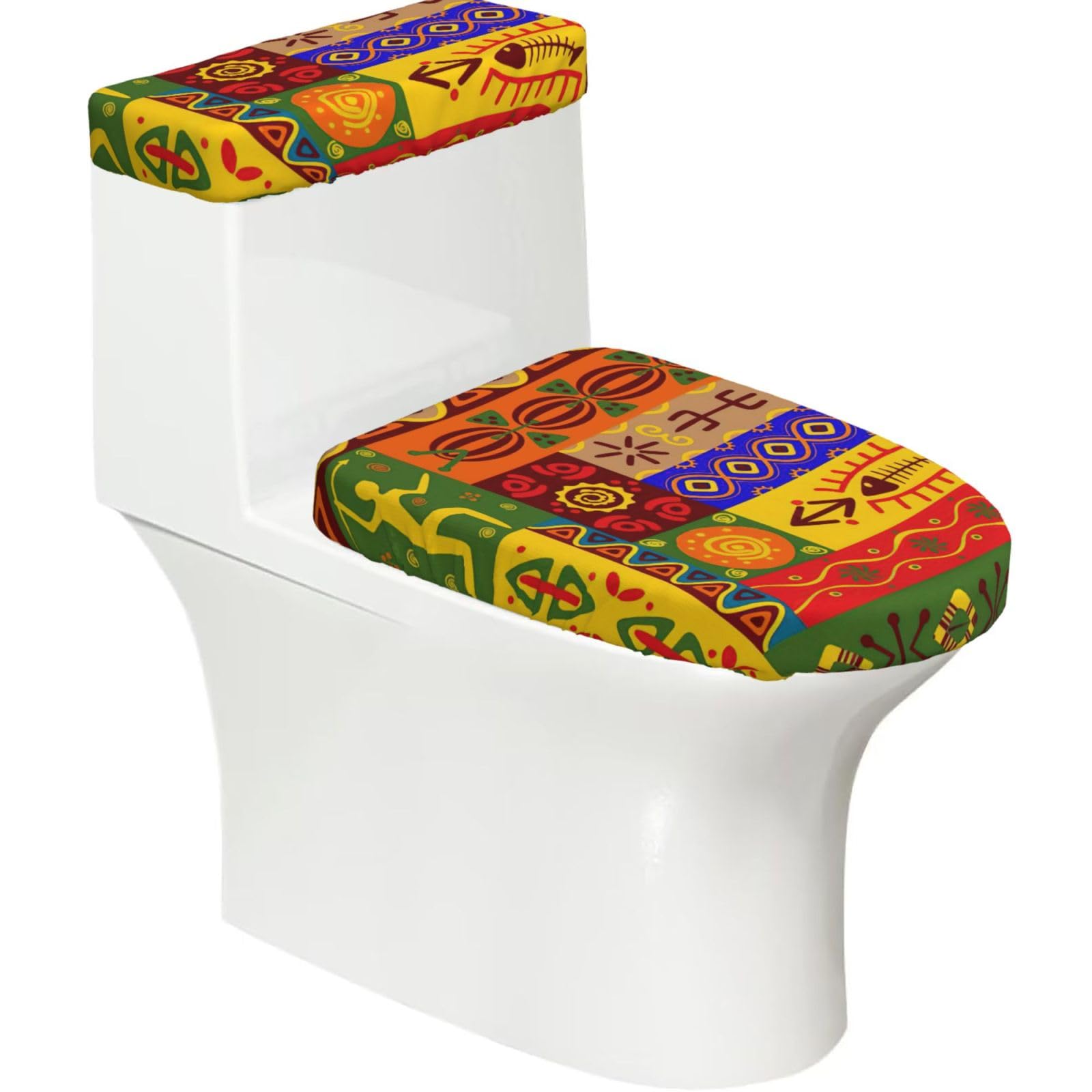 Flghjnbjn Black African National Patterns Printed Toilet Tank And Lid Cover Set Of 2 For Most Bathrooms, Fits Elongated Round Toilets