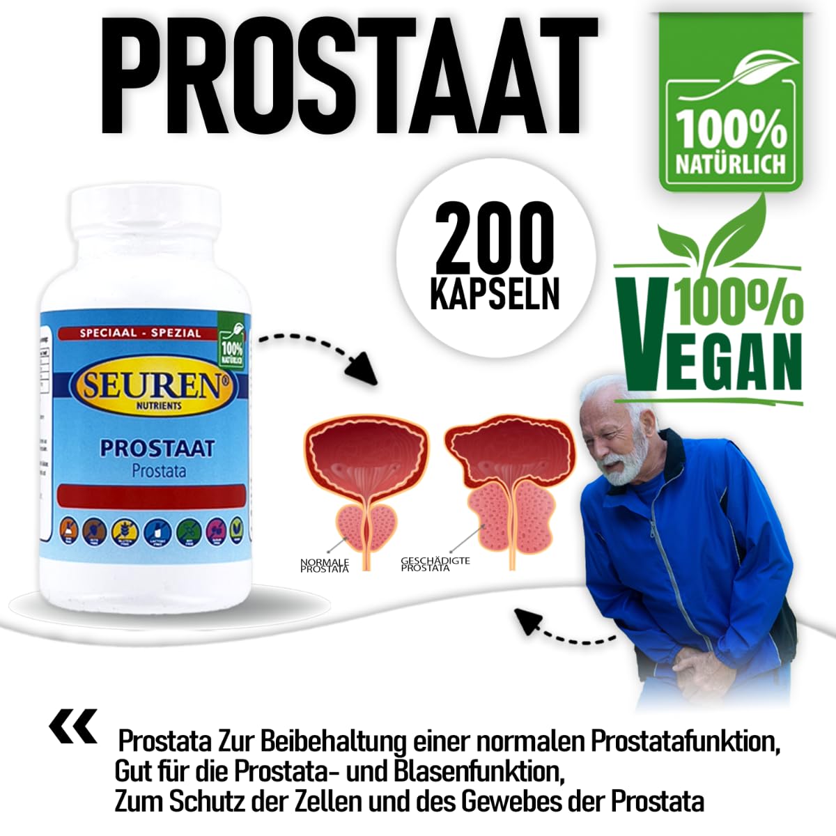 Seuren Nutrients Prostata Komplex Kapseln | Hochdosiert | Verbessert die Prostata Funktion | 200 Kapseln | 100% Natürlich